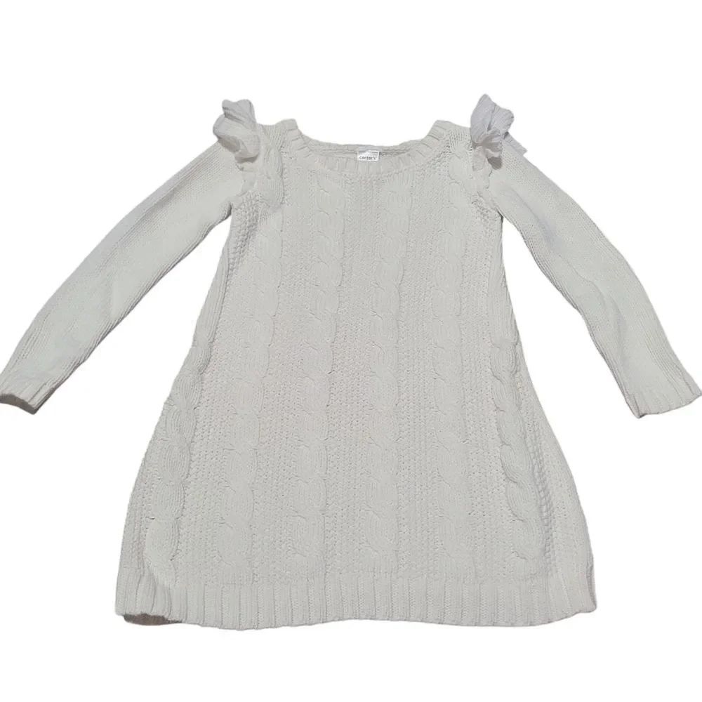 Classic cream cableknit sweater dress with ruffle on shoulder